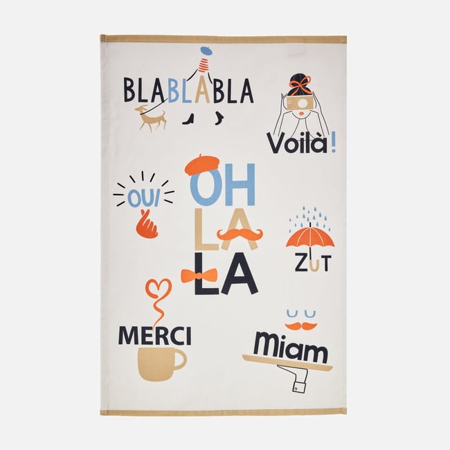 Torchon imprimé en coton ONOMATOPÉES blanc <span itemprop=