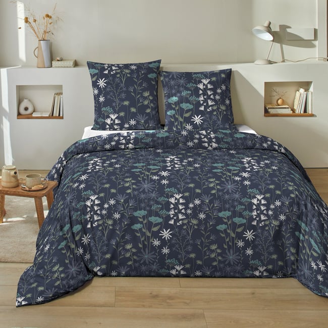 Parure housse de couette coton imprimés, leana bleu marine <span itemprop=