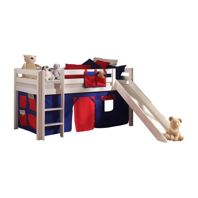 PINO Lit mezzanine avec toboggan pin massif + Rideau de lit Domino - VIPACK