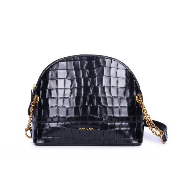 Sac en cuir arrondi à bandoulière bimatière JULIET imprimé noir <span itemprop=
