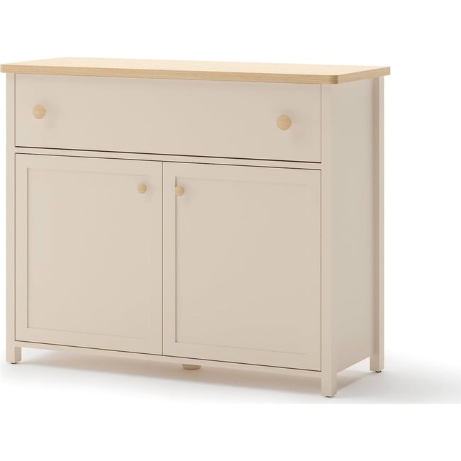 Commode enfant 2 portes 1 tiroir collection STORY Couleur beige sable et chêne blanchi <span itemprop=