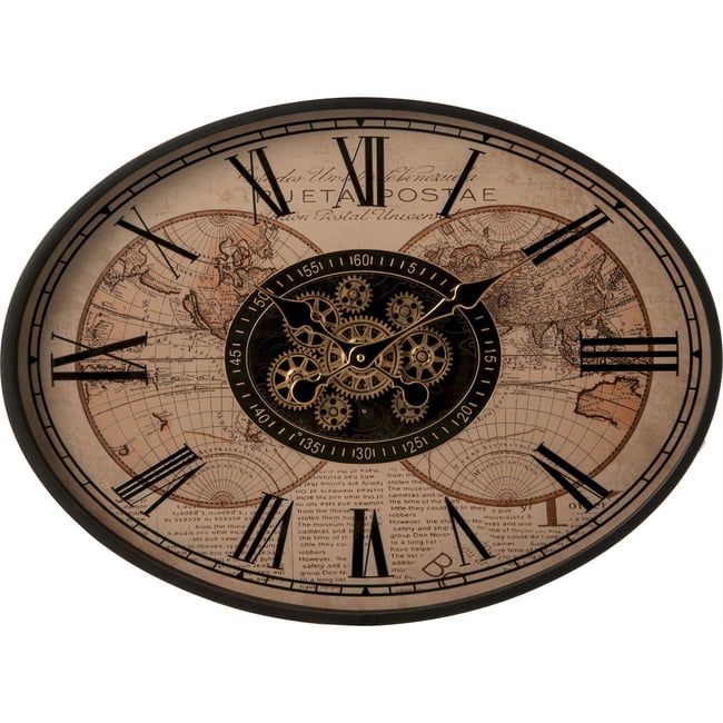 Horloge murale ovale en métal esprit atelier Couleur noir et beige <span itemprop=