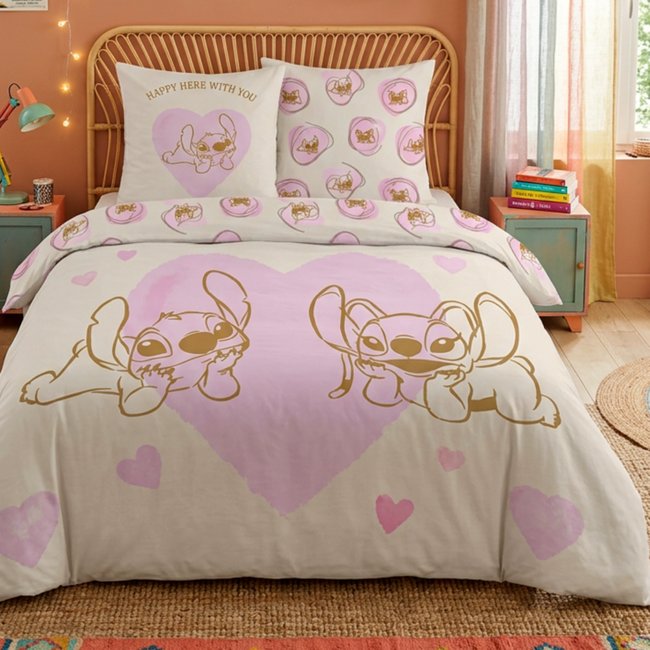 Parure de Lit 2 places, Textile Oeko-Tex, Imprimée Réversible, HEART rose <span itemprop=