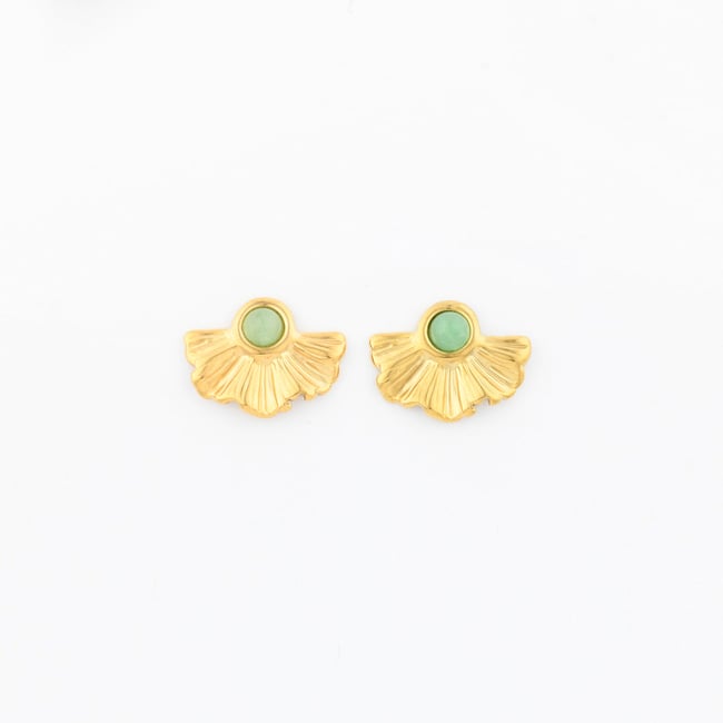 Petites puces d'oreilles gingko en acier inoxydable et pierre vert <span itemprop=