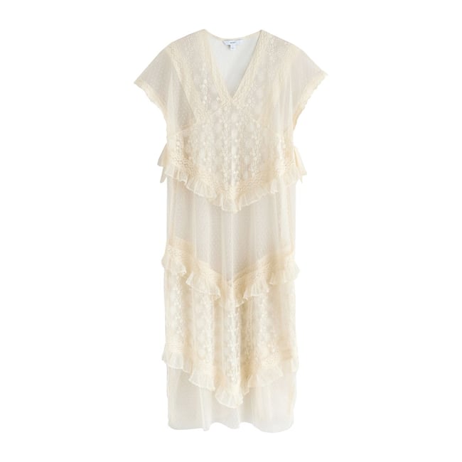 Robe caftan longue dentelle écru <span itemprop=