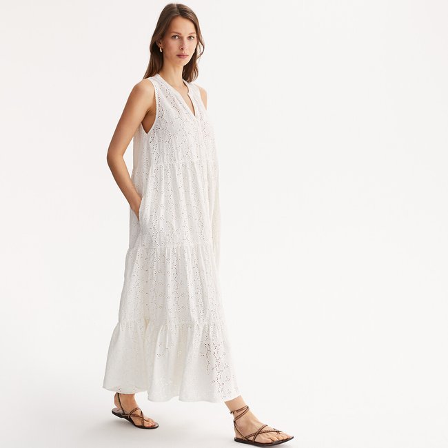Vestido largo evasé bordado, sin mangas marfil <span itemprop=
