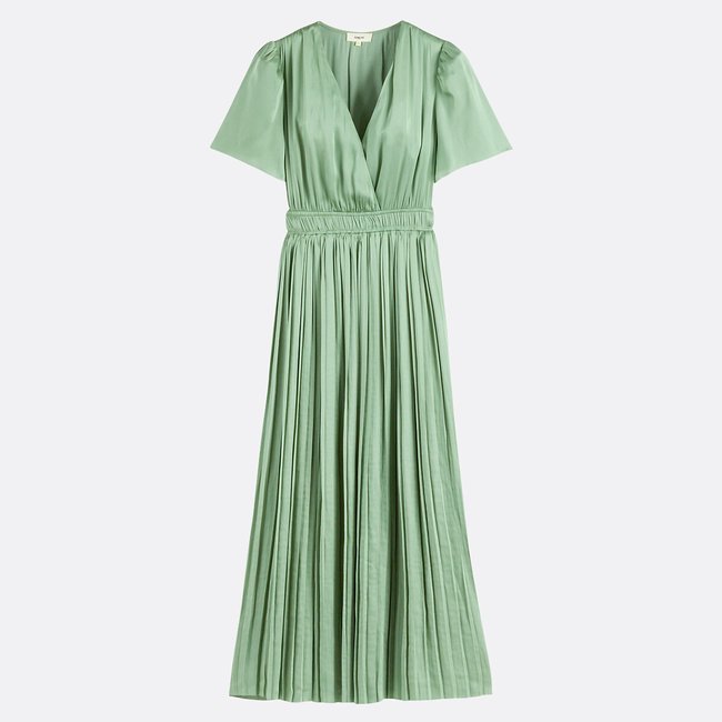 Robe midi cache-cœur plissée manches courtes, CYRA vert d'eau <span itemprop=