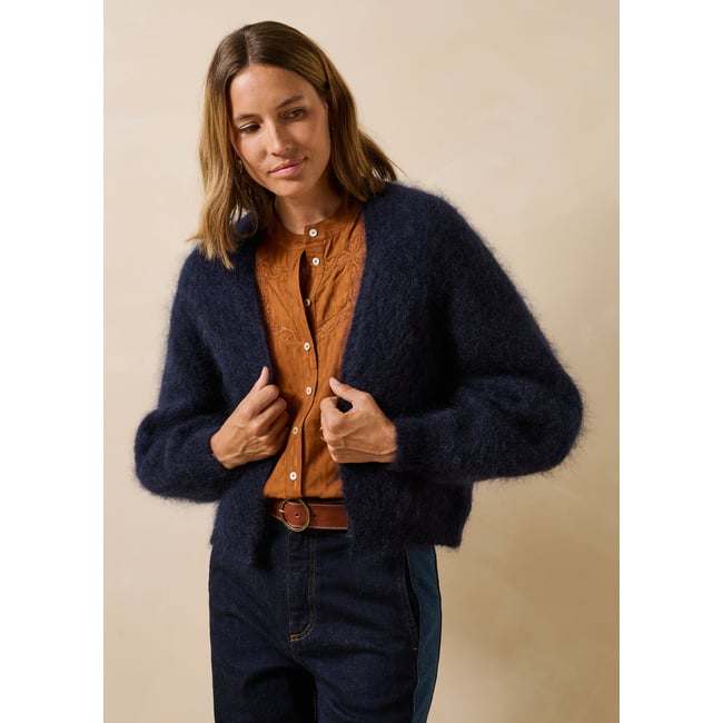 Gilet manches longues en maille bleu encre <span itemprop=