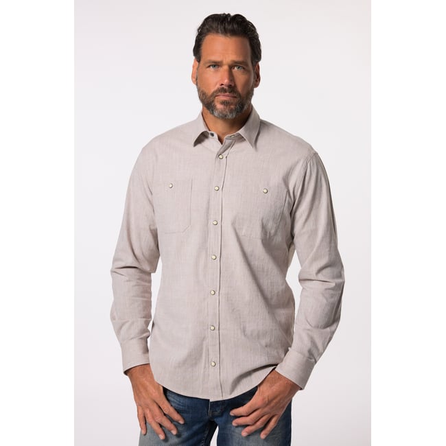Chemise aspect lin. Manches longues et col beige foncé <span itemprop=
