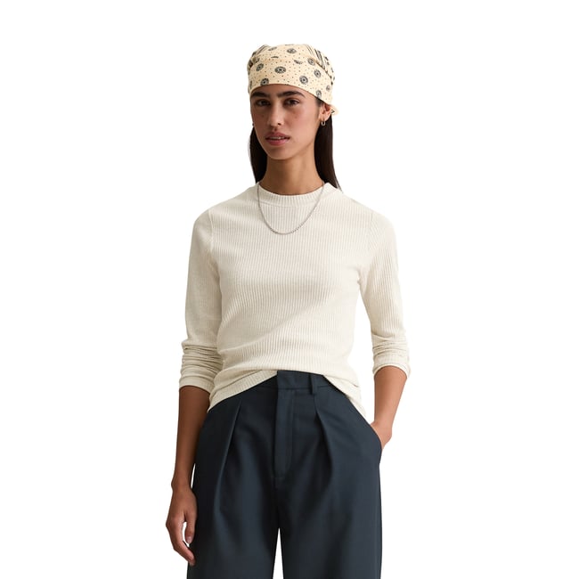 T-shirt long en jersey côtelé slim en coton bio mélangé et élastique blanc naturel <span itemprop=