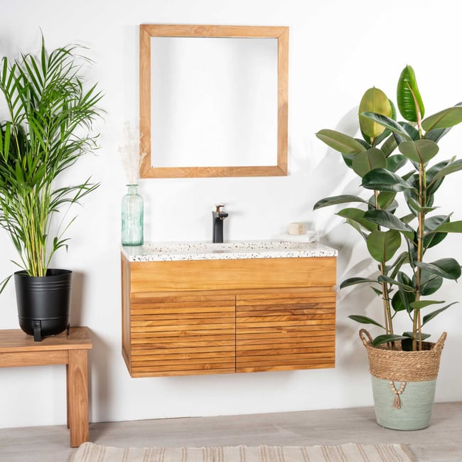 Meuble salle de bain en teck et terrazzo crème Aktual 90cm Couleur crème <span itemprop=