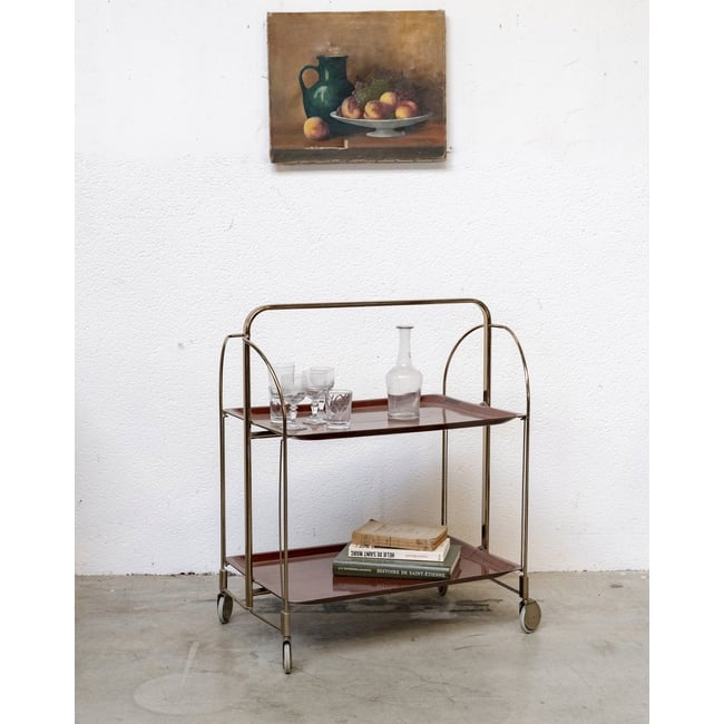 Desserte à roulettes pliante en formica Anouk N°425 - Bon état Couleur bois foncé <span itemprop=