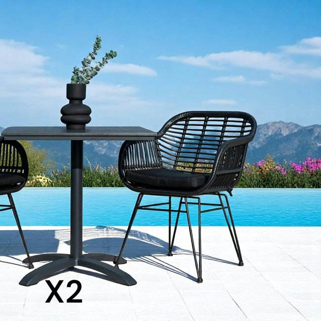 Chaise de jardin noire en rotin synthétique avec accoudoirs et coussin d'assise (lot de 2) IBIZA beige <span itemprop=