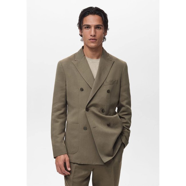 Veste de costume 100% lin slim fit croisée gris vison <span itemprop=