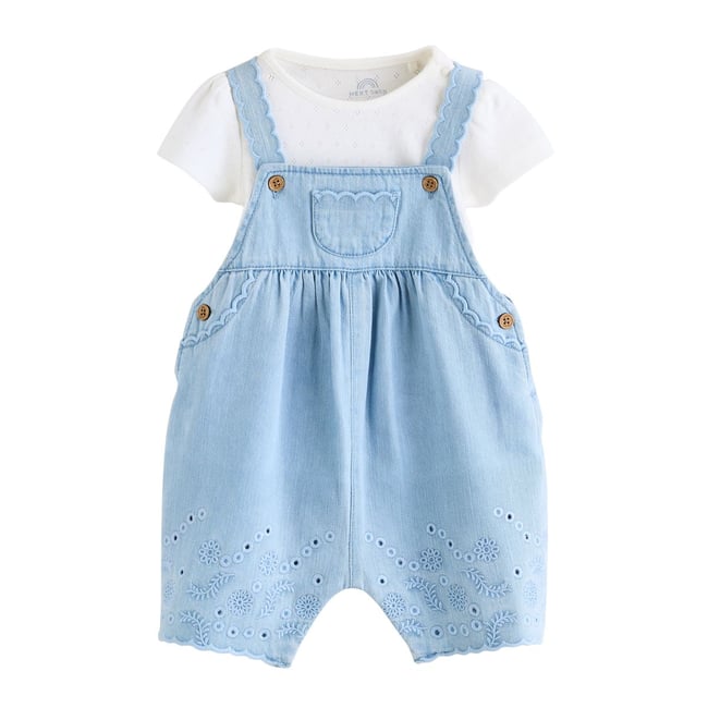 Ensemble salopette et body bébé, 2 pièces broderie bleu denim <span itemprop=