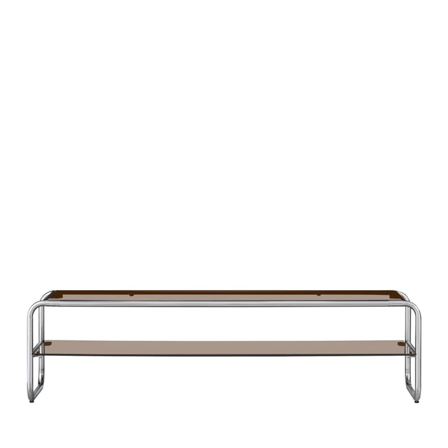 Meuble TV en verre et pieds chrome L 160 cm- DELIO Couleur verre ambré <span itemprop=