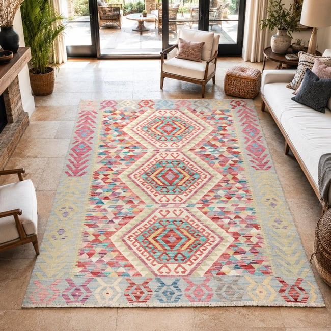 Tapis kilim au motif ethnique, tissé à plat en laine naturelle Couleur multicolore, bleu, rose <span itemprop=