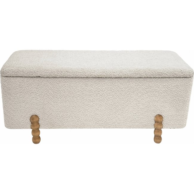 Banc coffre  tissu bouclette pieds bois ambiance cosy Couleur beige bouclette pieds bois naturel <span itemprop=