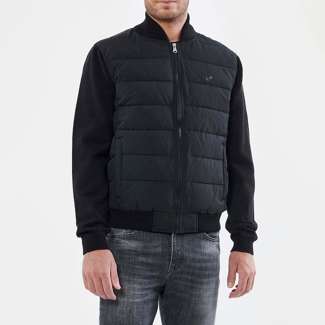 Blouson col montant bi-matière noir <span itemprop=