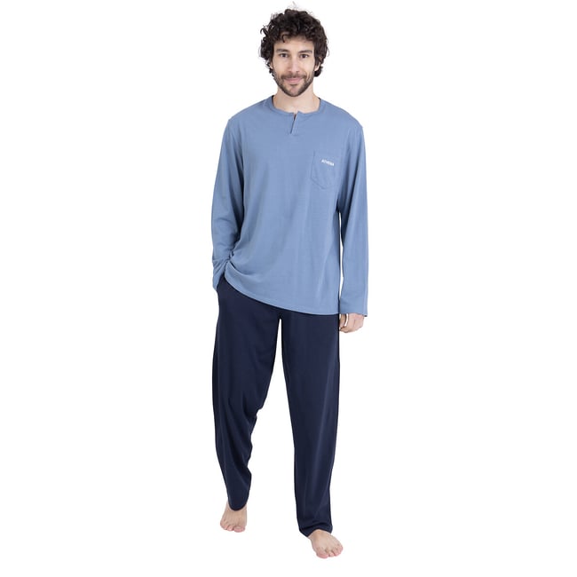 Pigiama lungo in cotone, con collo aperto blu/marine ATHENA