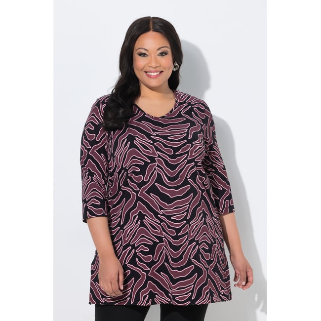 T-shirt long, imprimé graphique, col en V brun nougat <span itemprop=