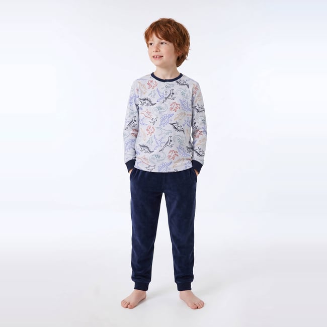 Pyjama velours manches longues imprimé contient du coton BIO GOTS gris chine clair <span itemprop=