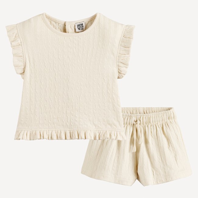Conjunto de top e calções em algodão cru <span itemprop=