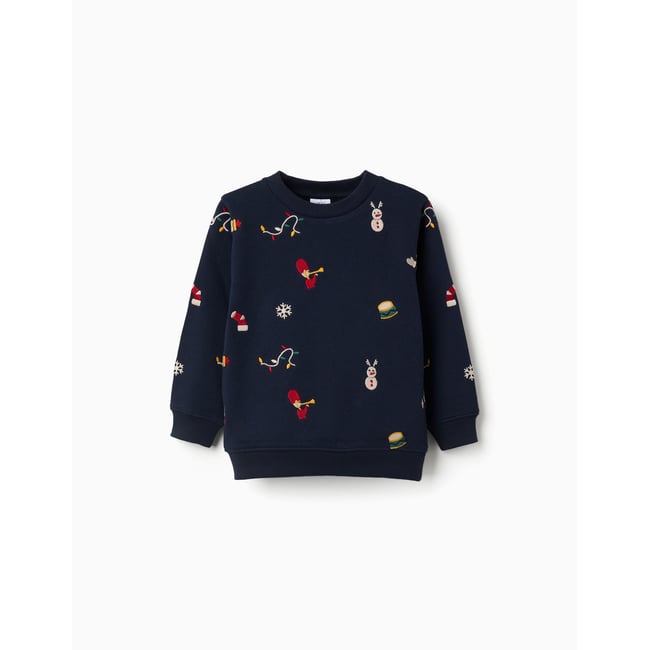 Sweat en coton peigné avec motif festif bleu foncé <span itemprop=