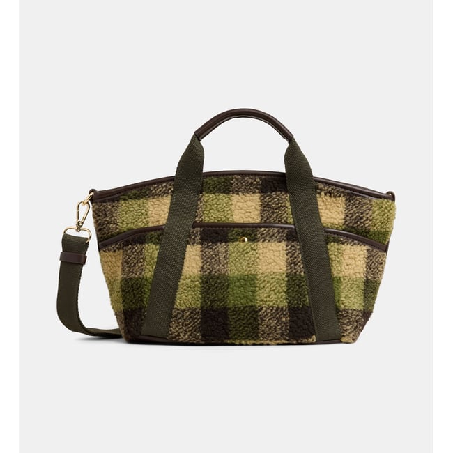 Sac cabas maggy shearling à carreaux vert et camel <span itemprop=