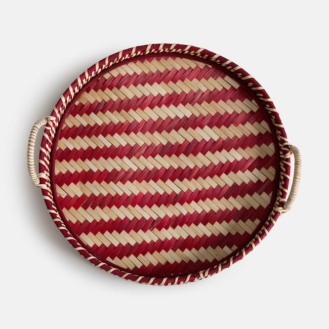 Plateau rond, en bambou et rotin, ZAGORA Couleur rouge brique <span itemprop=