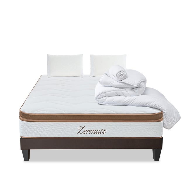 Pack Zermatt 140x200 cm Matelas Mousse + Sommier Bois + Accessoires Couleur blanc <span itemprop=