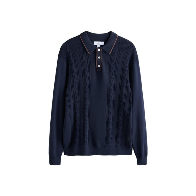 Polo en maille torsadée à liserés bleu marine <span itemprop=