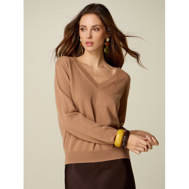 Pull à col en V beige <span itemprop=