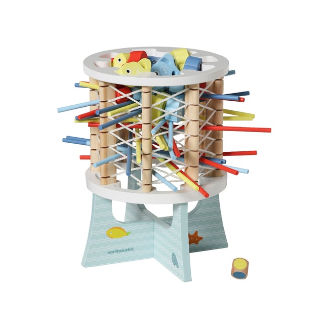 Jeu d'adresse poissons en bois multicolore <span itemprop=