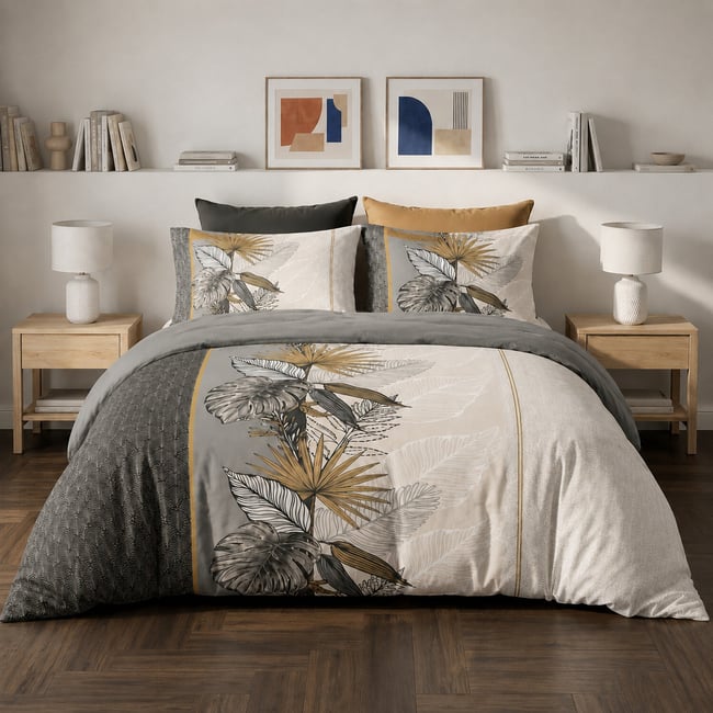 Parure de lit motif en coton feuillage tropical gris et doré, PACÔME multicolore <span itemprop=