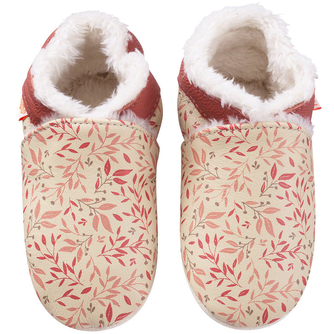 Chaussons cuir souple fourrés Diane les feuilles d'automne beige <span itemprop=