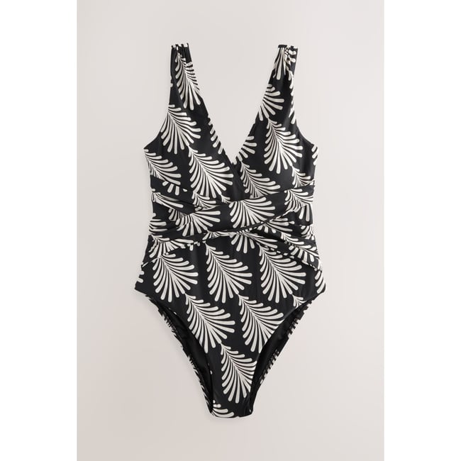 Maillot de bain gainant pigeonnant noir/crème imprimé éventail <span itemprop=