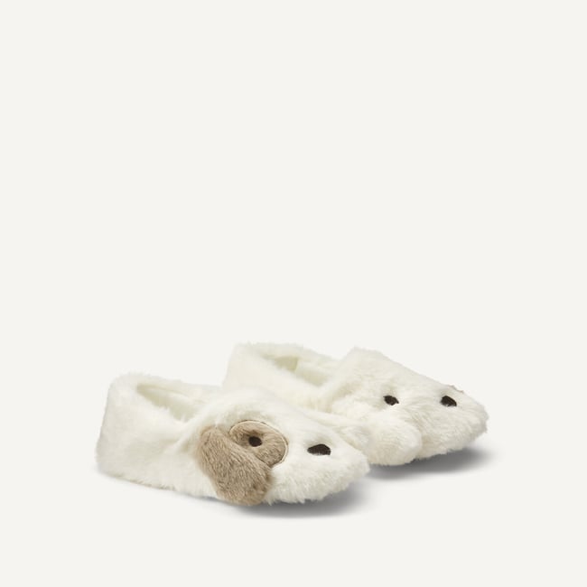 Chaussons, motif chien ecru <span itemprop=