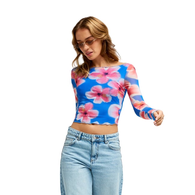 Haut transparent à manches longues MAKE IT BOLD. bleu super sonic hibiscus daze <span itemprop=