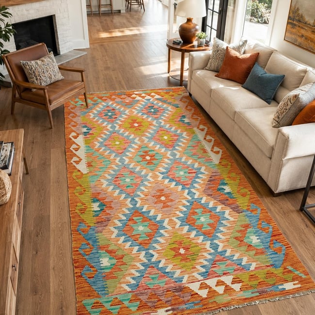 Tapis kilim, motif géométrique authentique, tissé plat, KILIM 28 Couleur multicolore, bleu, orange <span itemprop=