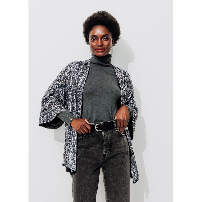 Veste kimono à paillettes imprimé noir <span itemprop=