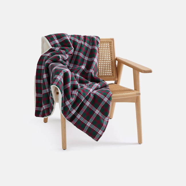 Plaid sherpa et flanelle, LUNAY vert/rouge <span itemprop=