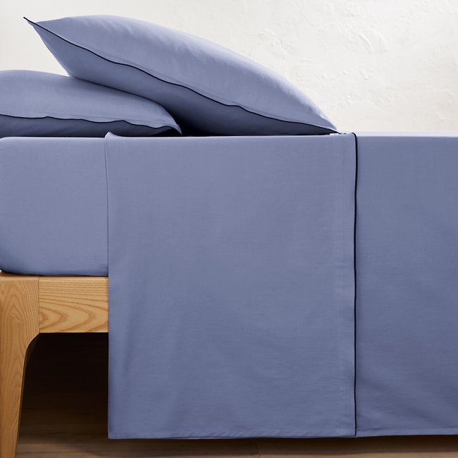 Drap plat en satin de coton lavé, 118 fils, Victor uni  bleu pervenche <span itemprop=