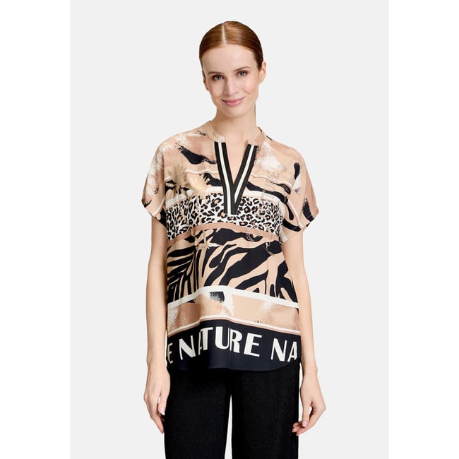 Chemisier long à col droit beige/noir <span itemprop=