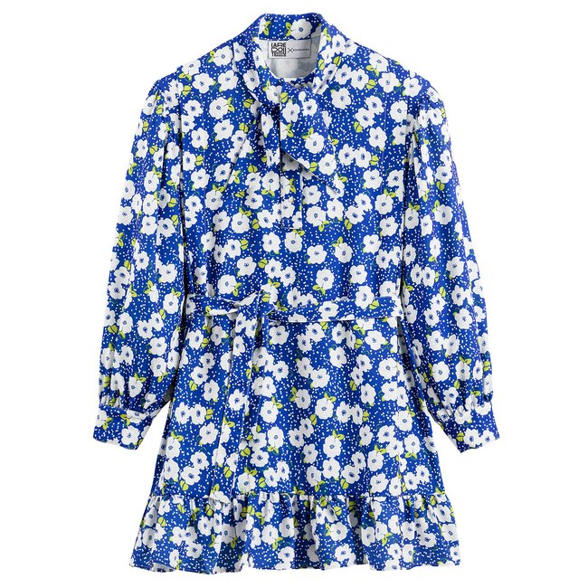 Vestido com laço na gola, mangas compridas, estampado estampado às flores <span itemprop=