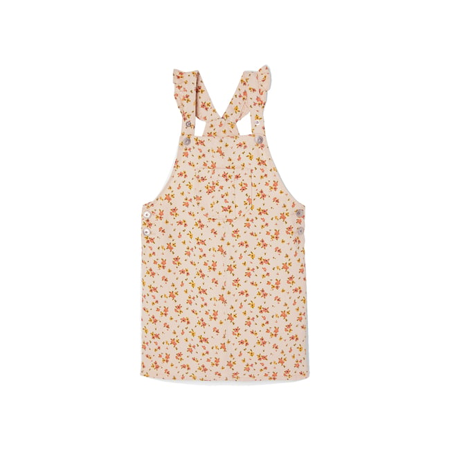 Robe-salopette à fleurs bretelles à volants gris perle <span itemprop=