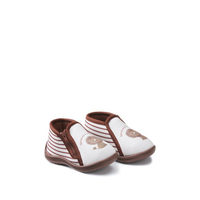 Chaussons zippés, motif lion ecru <span itemprop=