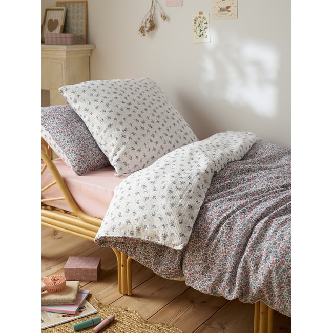 Parure housse de couette et taie d'oreiller en gaze de coton RETRO FLOWERS, avec coton recyclé rose imprimé <span itemprop=