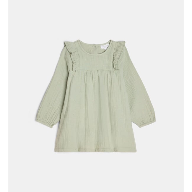 Robe ample tasa en gaze de coton bio à pois vert dore <span itemprop=