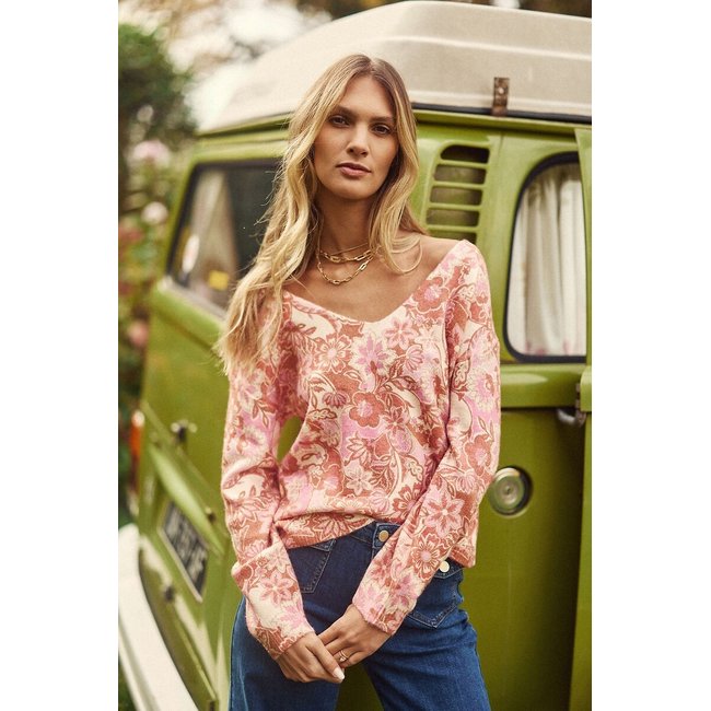 Jersey de cuello en pico con estampados florales, manga larga, MARGOT estampado floral <span itemprop=